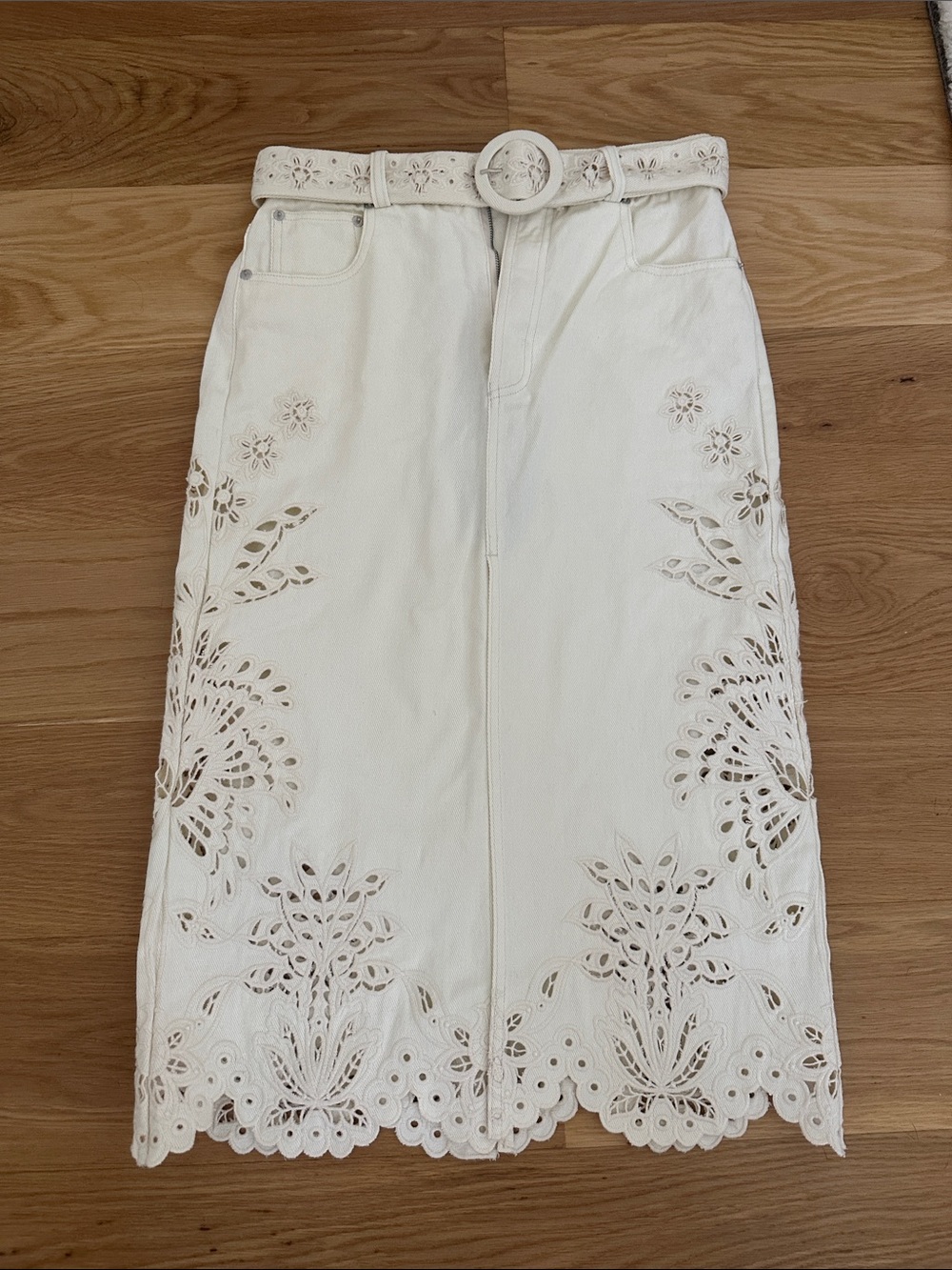 FARM Rio White Eyelet Belted Midi Skirt